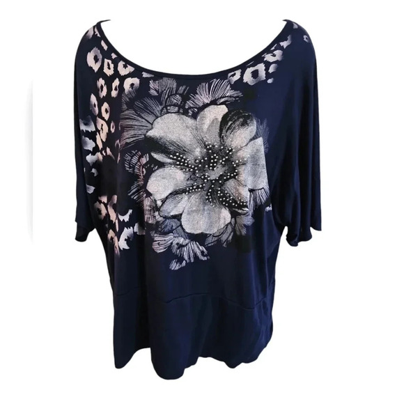 Agenda Womens XL Navy Blue Rhinestone Floral Cheetah Print Dolman Top Blouse Y2K - Picture 2 of 7
